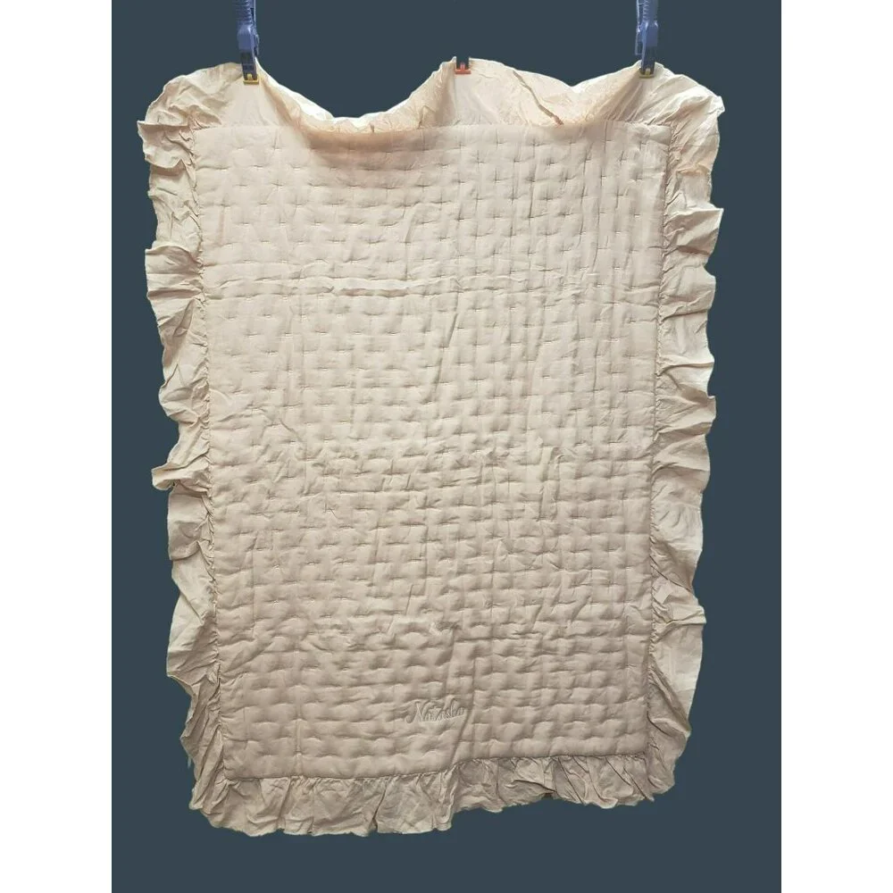 Pottery Barn Ruffle Belgian Linen Baby Quilt Lt Pink 36x50 NWOT Mono Natasha
